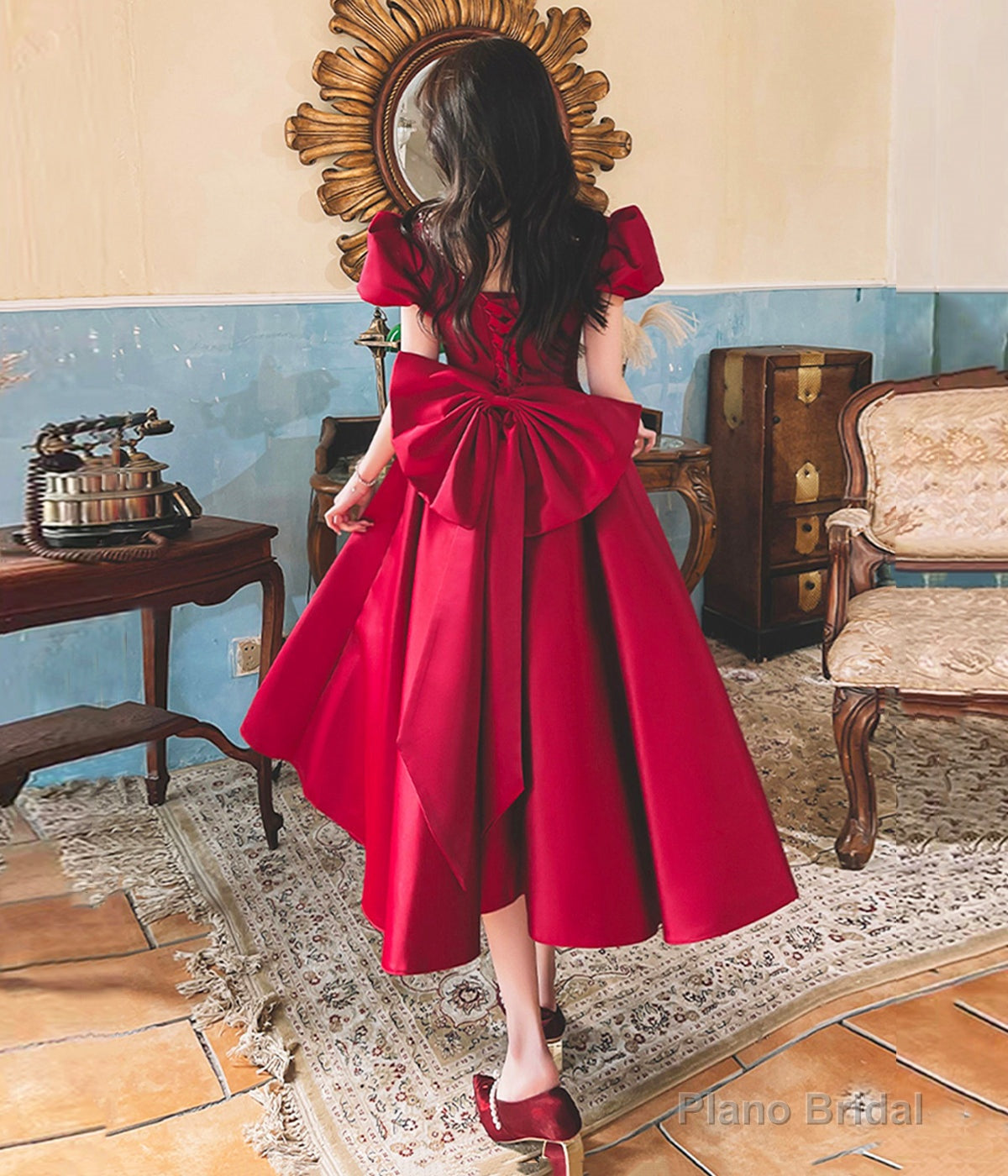 Burgundy Satin Short Prom Dress, Cute A-Line Party Dress with Bow Secondary image