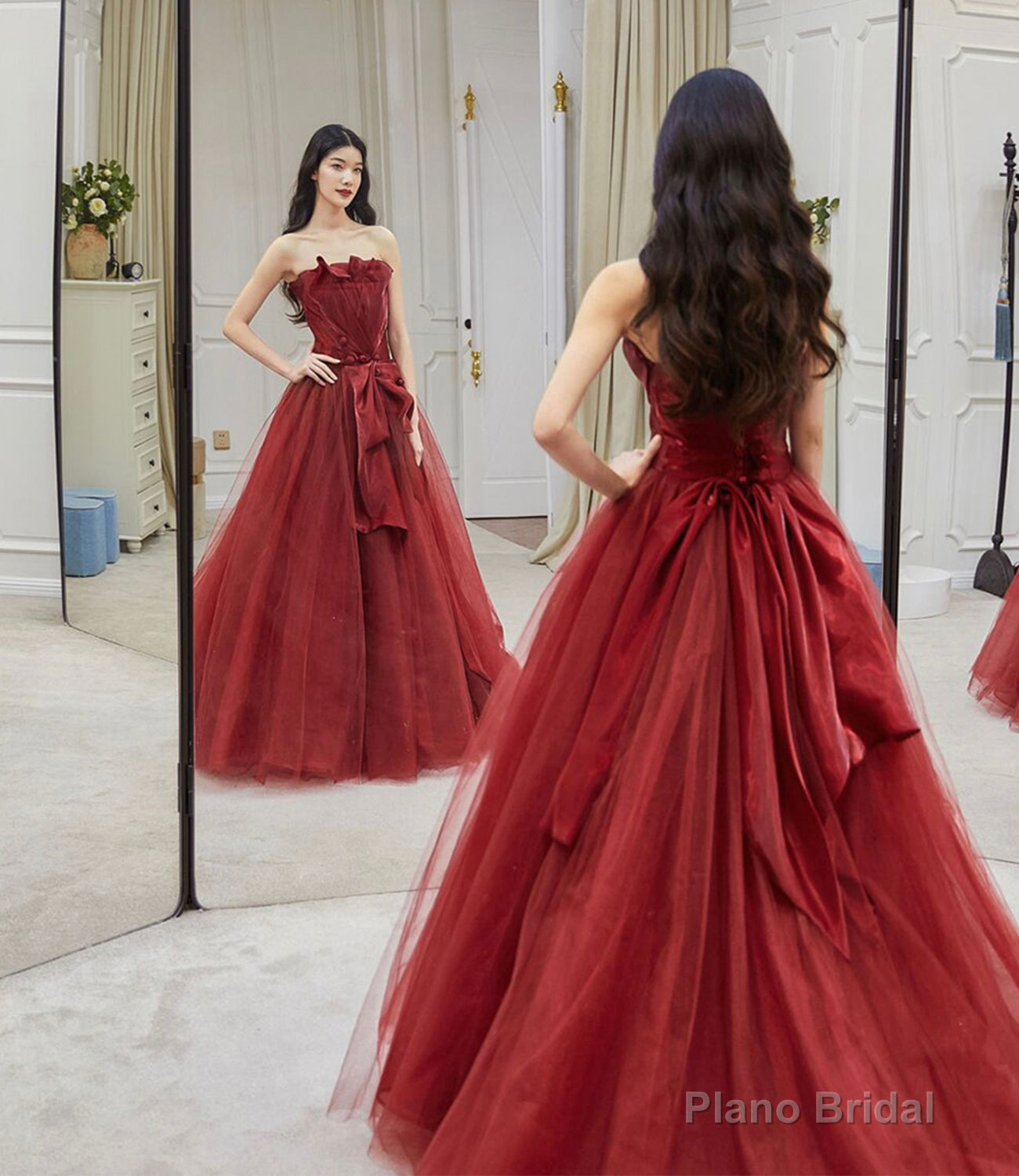 Burgundy tulle long prom dress A line evening dress Main image