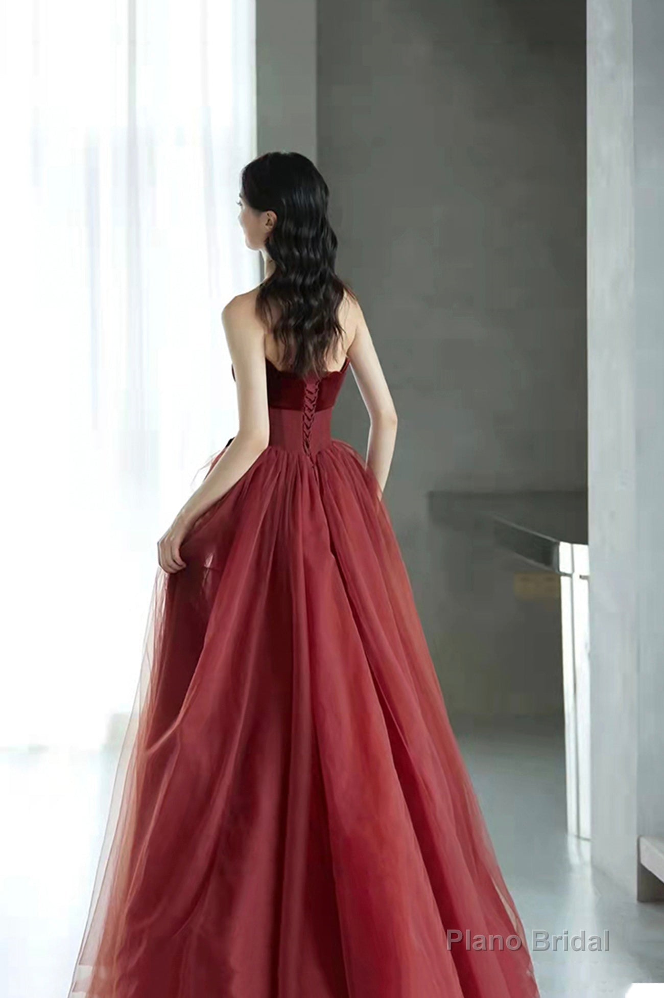 Burgundy tulle sequins long prom dress evening dress