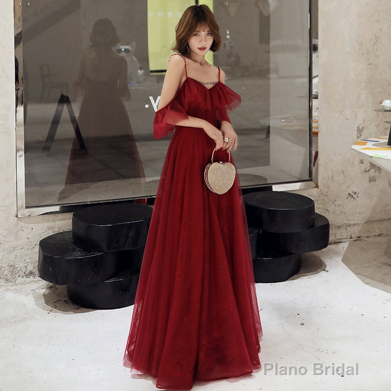 Burgundy lace long prom dress simple evening dress Secondary image