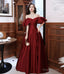 Burgundy satin long prom dress A line evening dress
