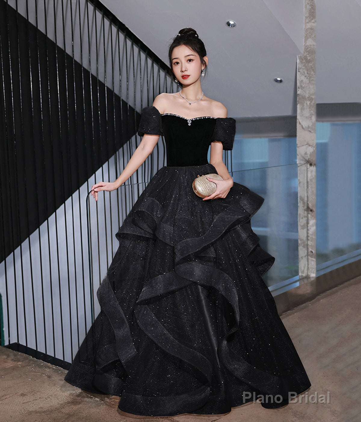 Black Velvet Tulle Long Prom Dress, Black Evening Dress Party Dress Main image