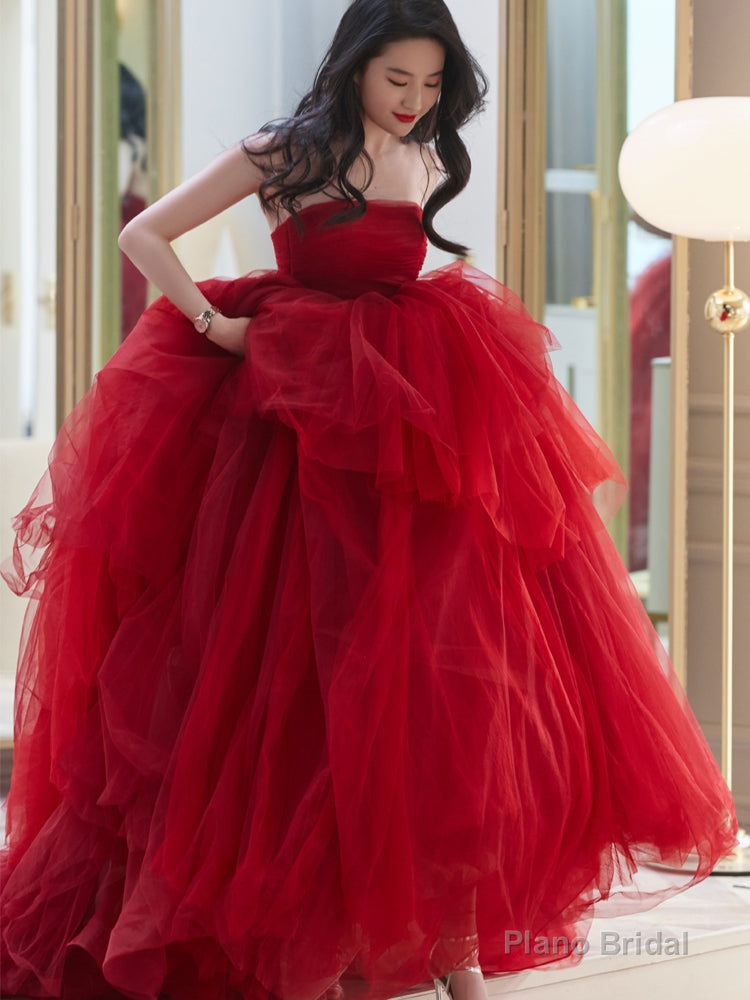 Red tulle long A line prom dress red evening dress Secondary image