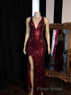 Long Mermaid Burgundy Sequin Formal Prom Dresses Glitter Split Evening Gown