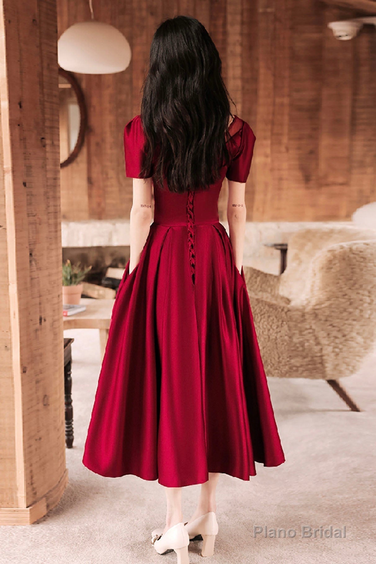 Burgundy satin short prom dress A-line evening dress