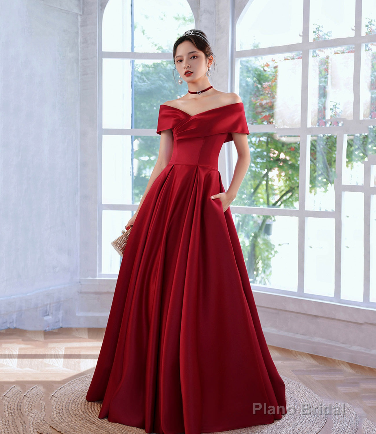 Burgundy satin long prom dress A line evening dress Main image