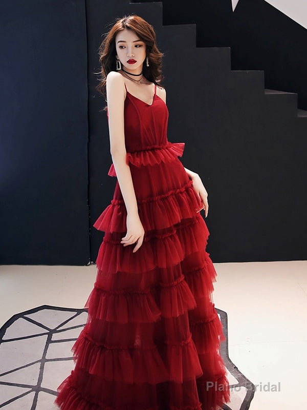 Burgundy tulle long prom gown formal dress Secondary image