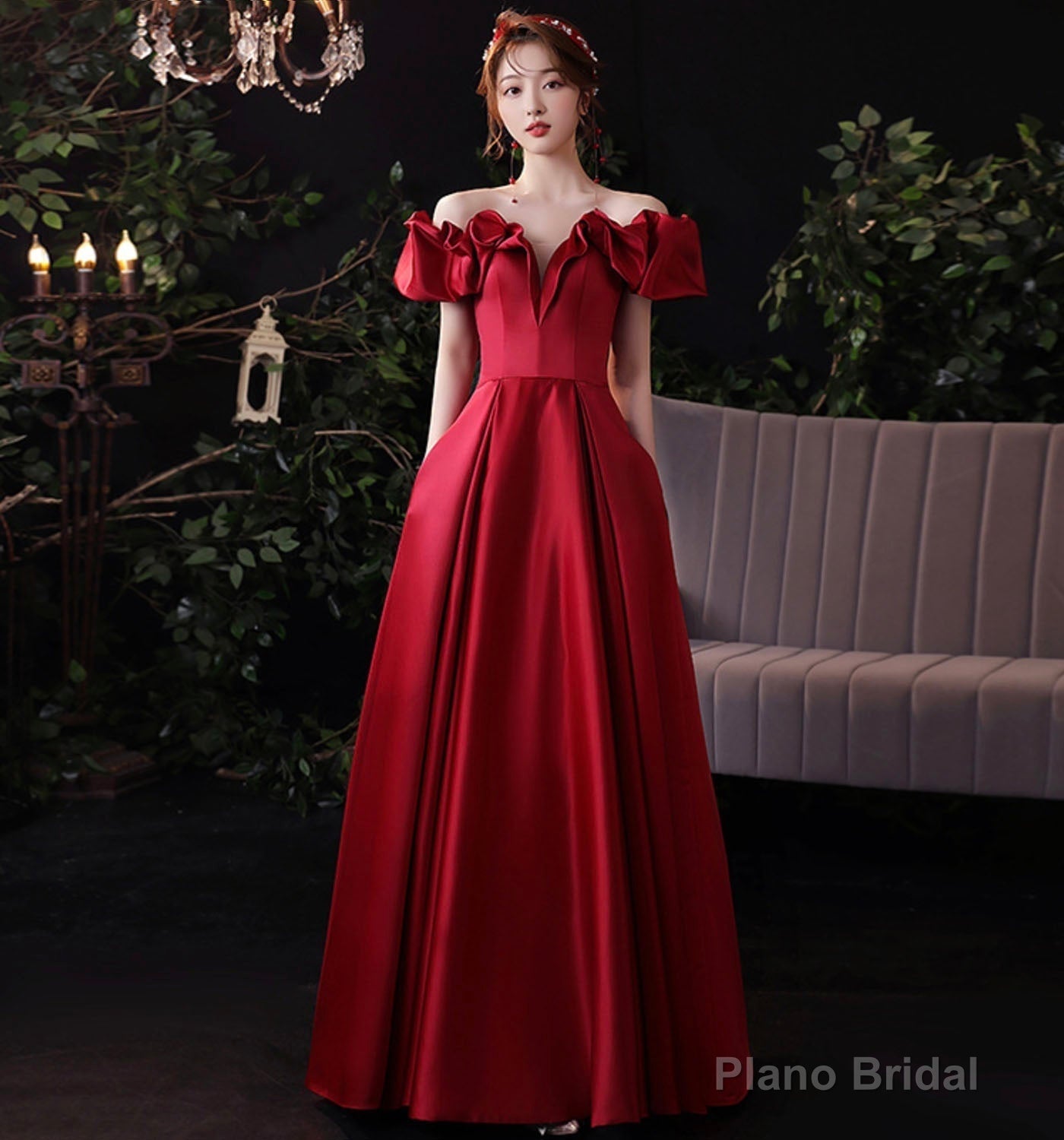 Burgundy satin long prom dress evening dress Main image