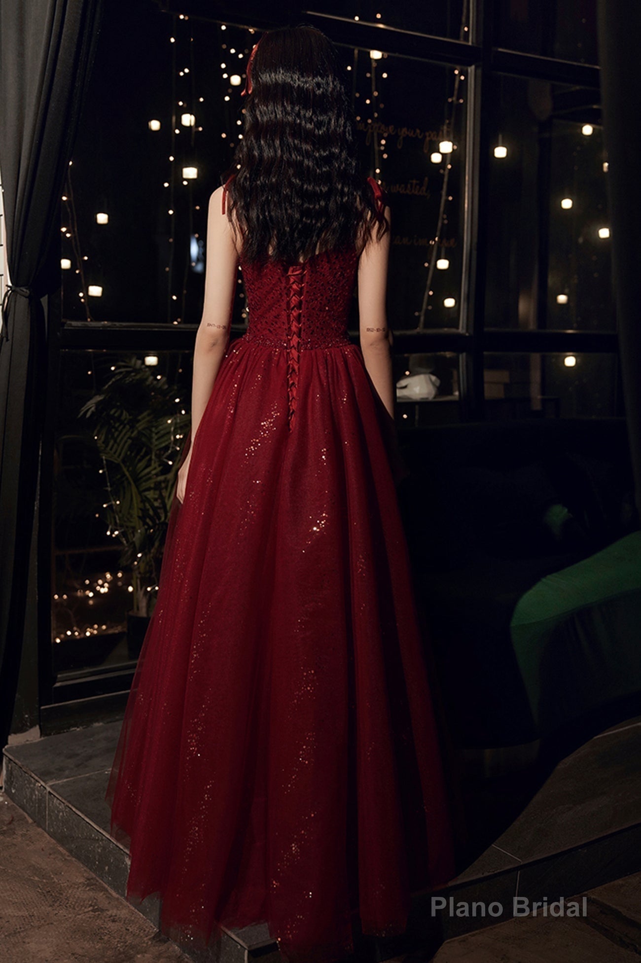 Burgundy tulle sequins long prom dress evening dress Secondary image