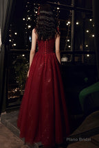 Burgundy tulle sequins long prom dress evening dress