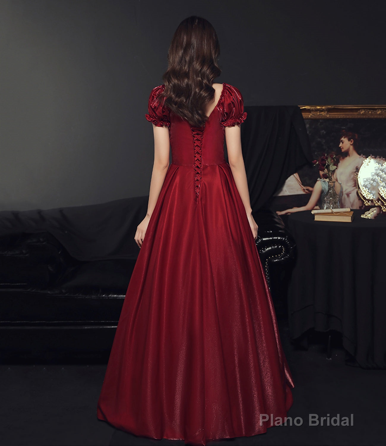 Burgundy satin long prom dress A line evening gown
