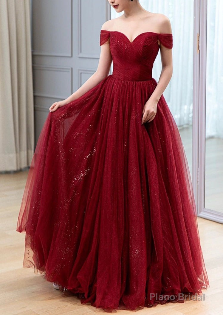 Urgundy Tulle Long Prom Dress, A-Line Off The Shoulder Evening Dress Main image