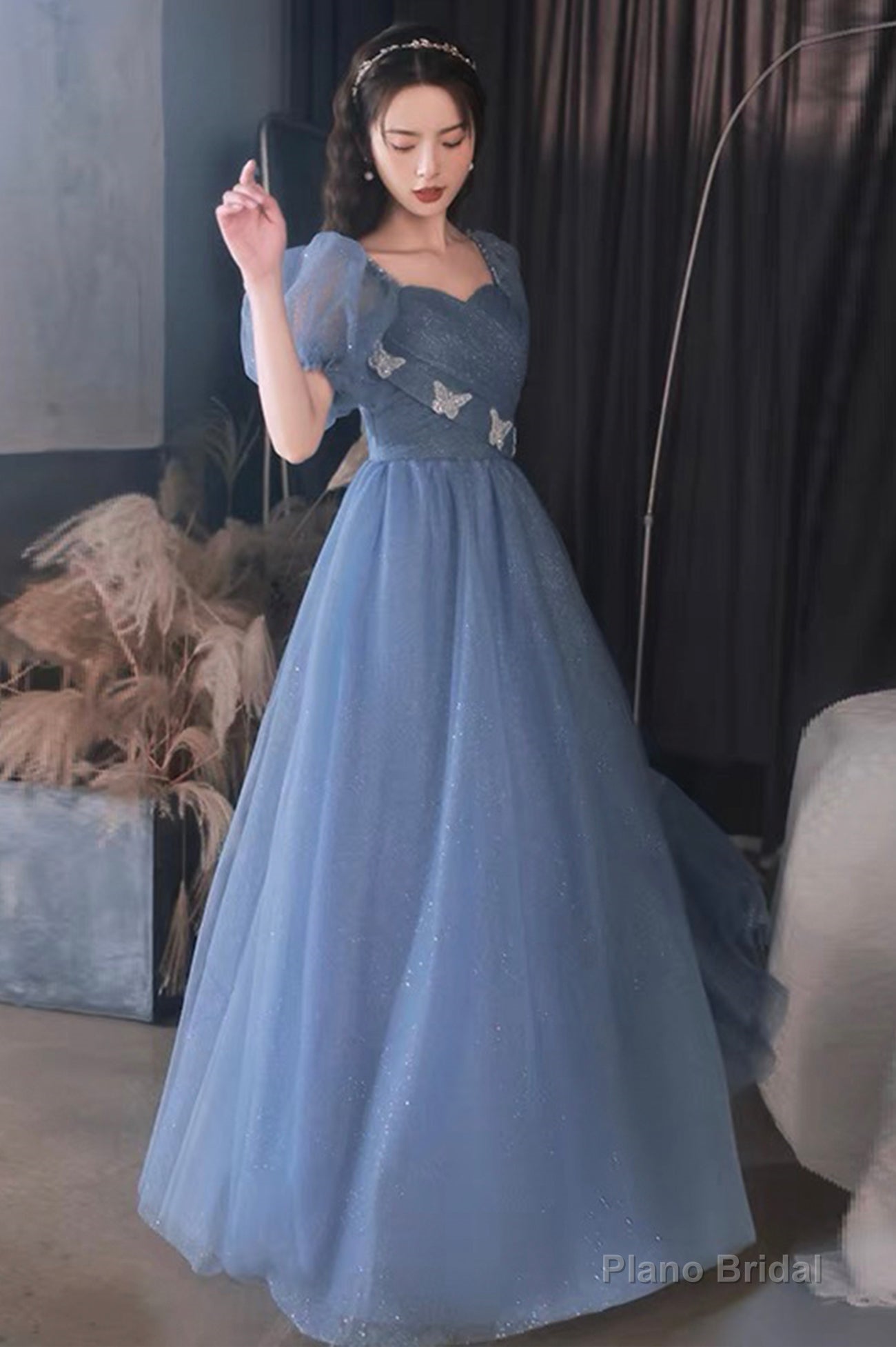Blue tulle long prom dress A lin evening dress Secondary image