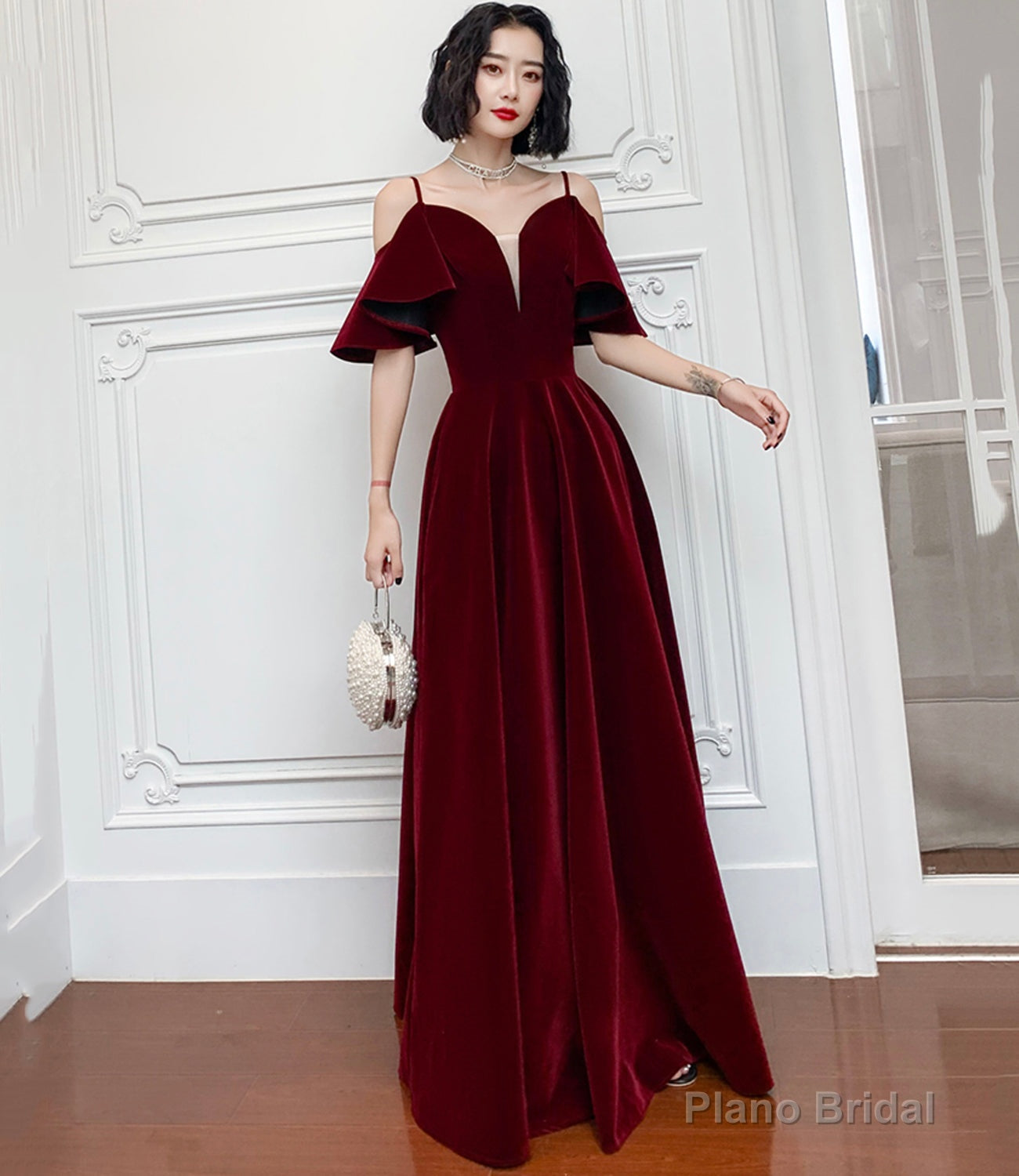 Burgundy velvet long prom dress A line evening dress Main image
