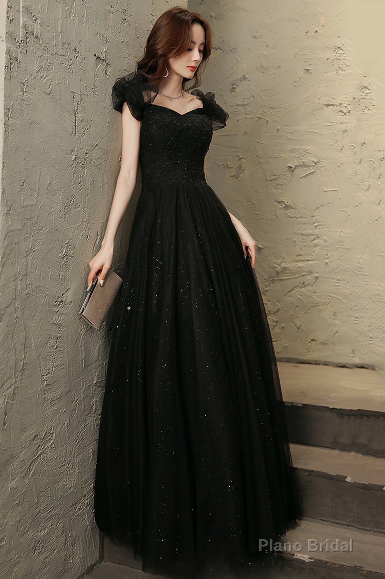 Black tulle beaded long prom dress evening dress Secondary image