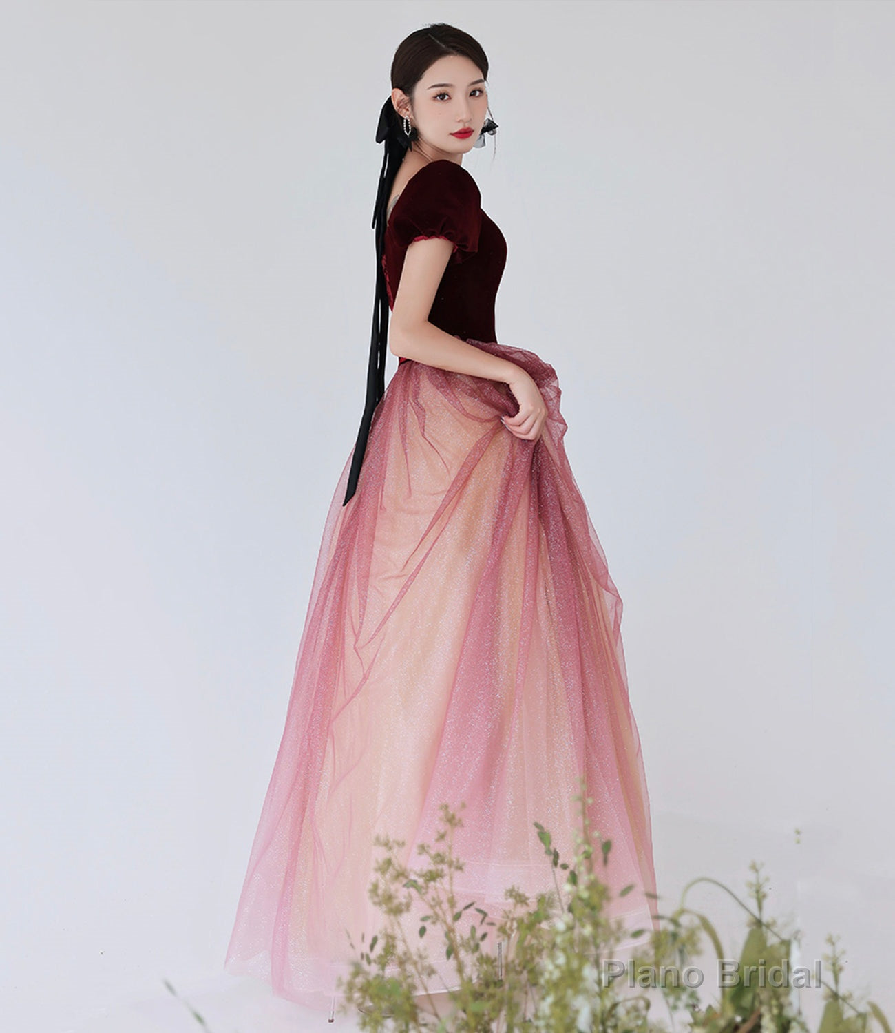 Burgundy velvet tulle long prom dress evening dress Secondary image