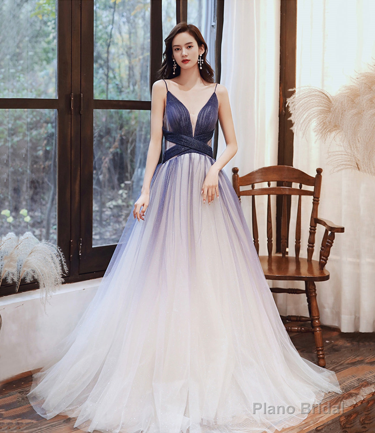 Stylish v neck tulle long A line prom dress blue evening dress Main image
