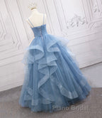 Blue Tulle Long Formal Prom Dresses Blue Evening Gown