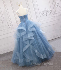 Blue Tulle Long Formal Prom Dresses Blue Evening Gown
