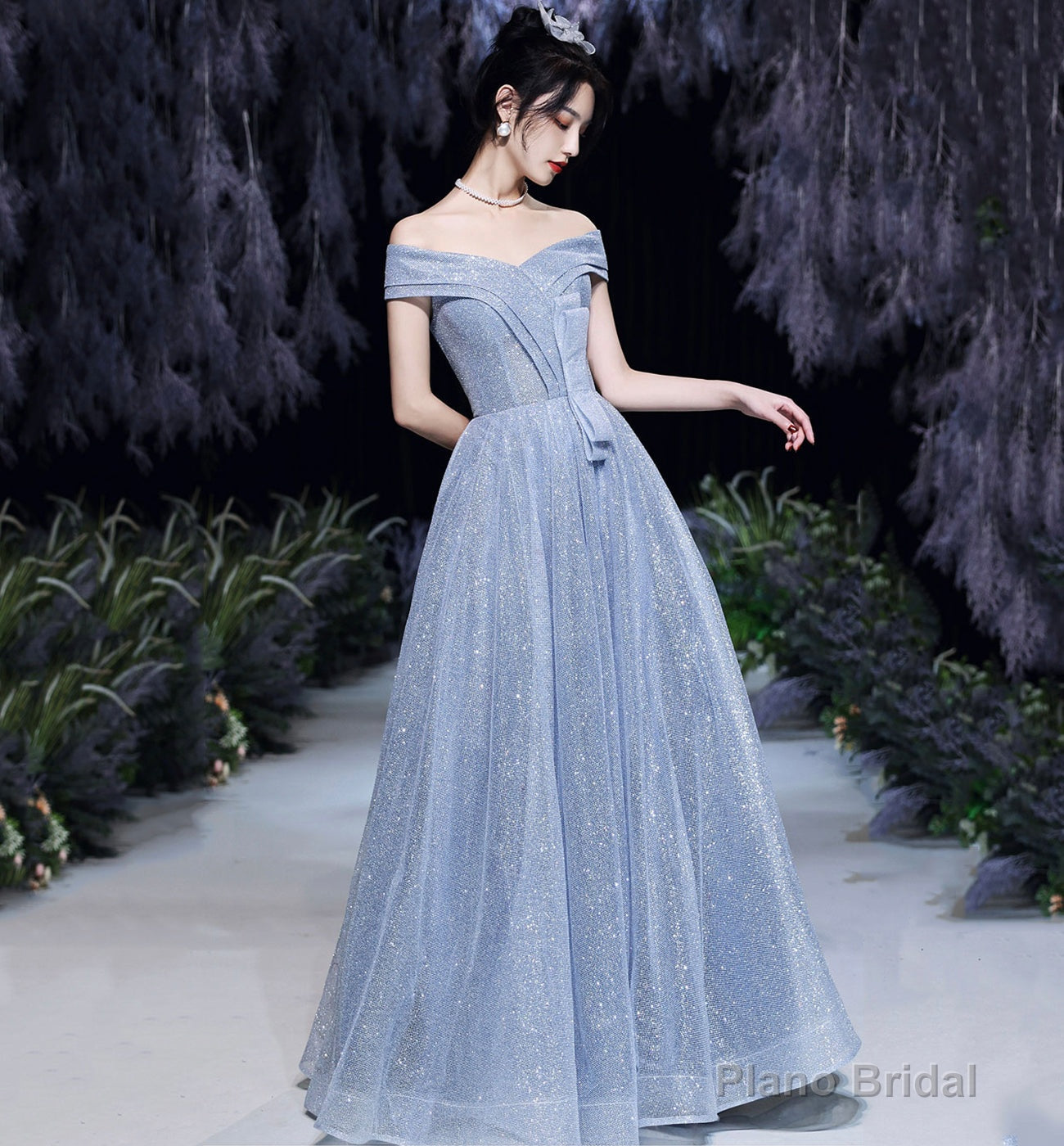 Shiny tulle long A line prom dress evening dress Main image