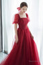 Red tulle long prom dress A line evening dress