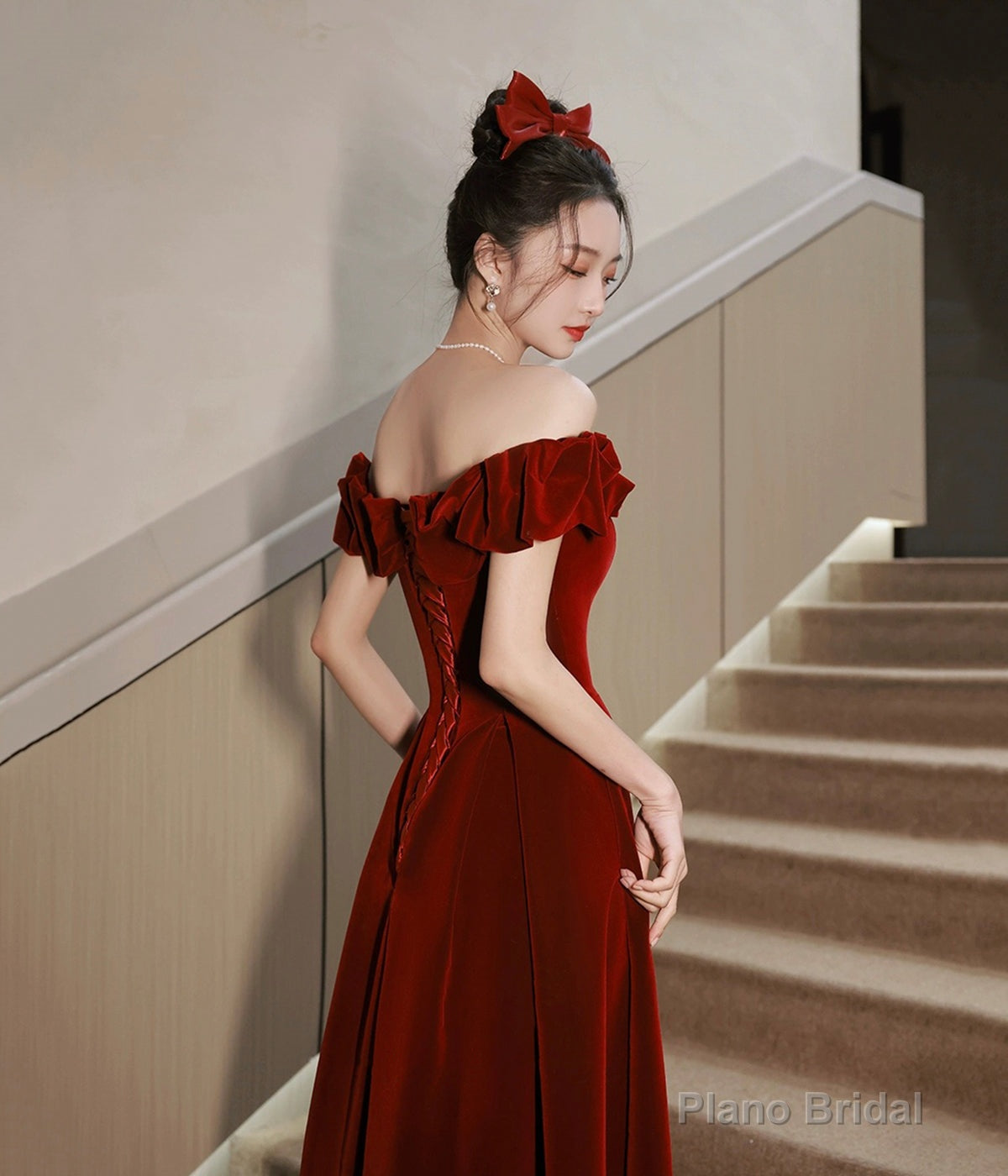 Burgundy Velvet Tea Length Prom Dress, Cute Evening Dress Party Dress Secondary image