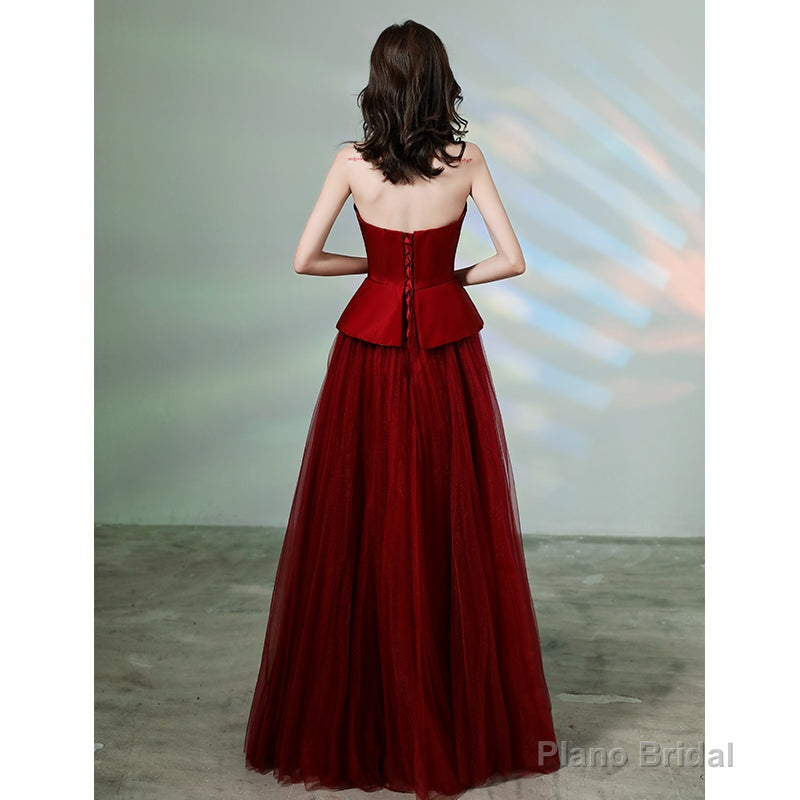 Burgundy tulle long prom dress formal dress Secondary image