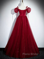 Burgundy Satin Tulle Floor Length Formal Prom Party Dresses