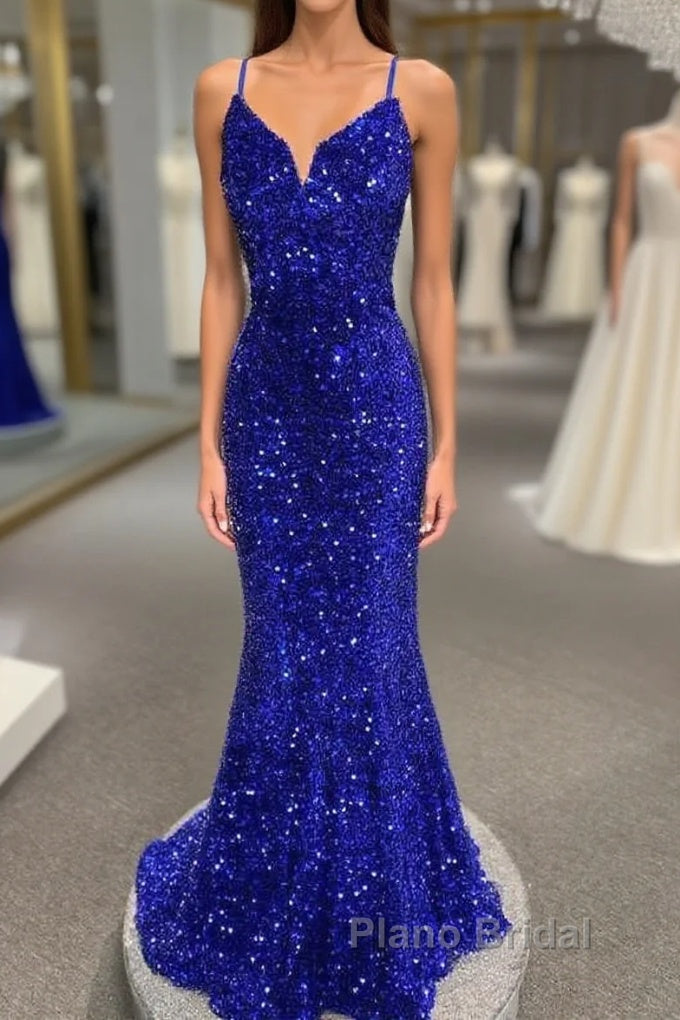 Spaghetti Straps Mermaid Sequin Long Evening Formal Prom Dresses Main image