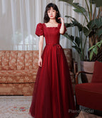Burgundy satin tulle long prom dress A line evenig dress