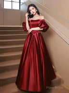 Burgundy Satin Long A-Line Formal Prom Dress