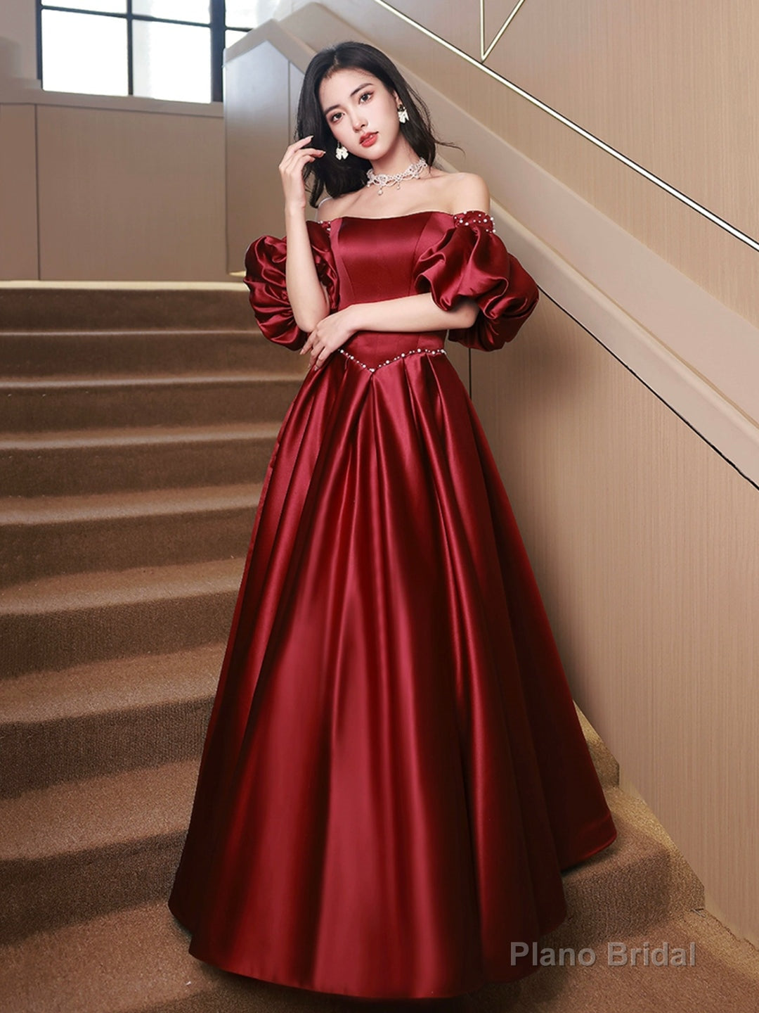 Burgundy Satin Long A-Line Formal Prom Dress