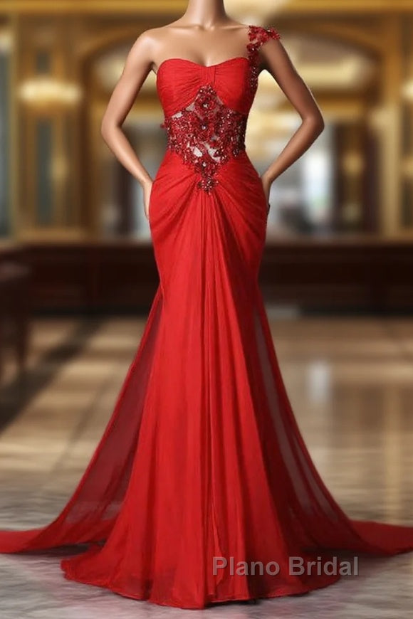 Trumpet Mermaid One Shoulder Chiffon Appliques Lace Beading Red Long Formal Prom Dresses Main image