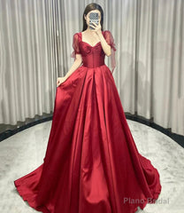 Red satin long prom dress A line evening gown
