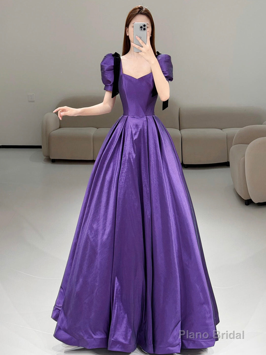 Purple Satin Short Sleeve Evening Party Dress Main image