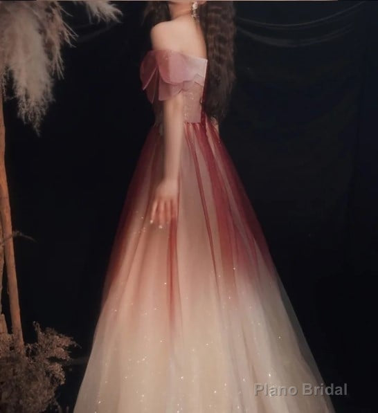 Red Gradient Off the Shoulder Tulle Evening Prom Dress