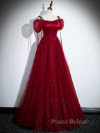 Burgundy Satin Tulle Floor Length Formal Prom Party Dresses