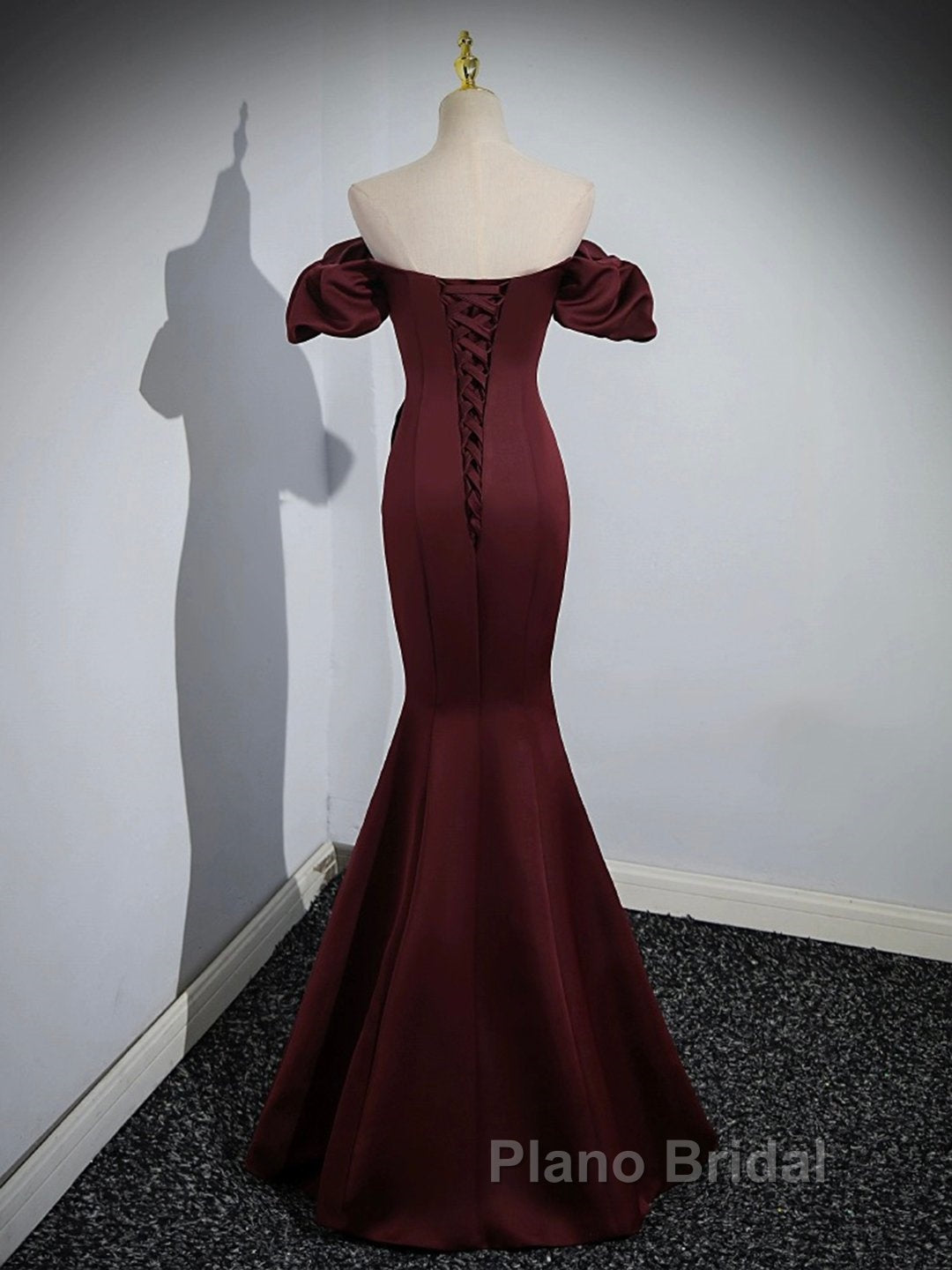 Burgundy Satin Long Formal Prom Dresses, Mermaid Off the Shoulder Evening Party Dresses