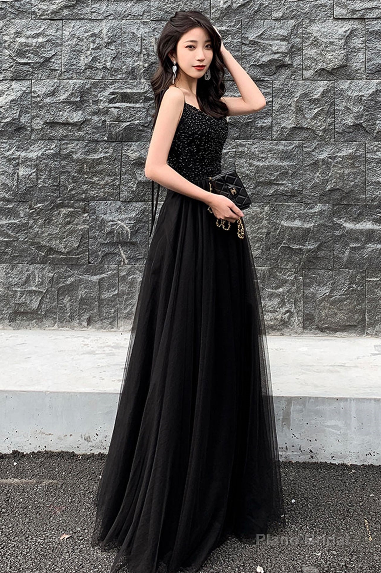 Black tulle beads long prom dress A line evening dress Secondary image