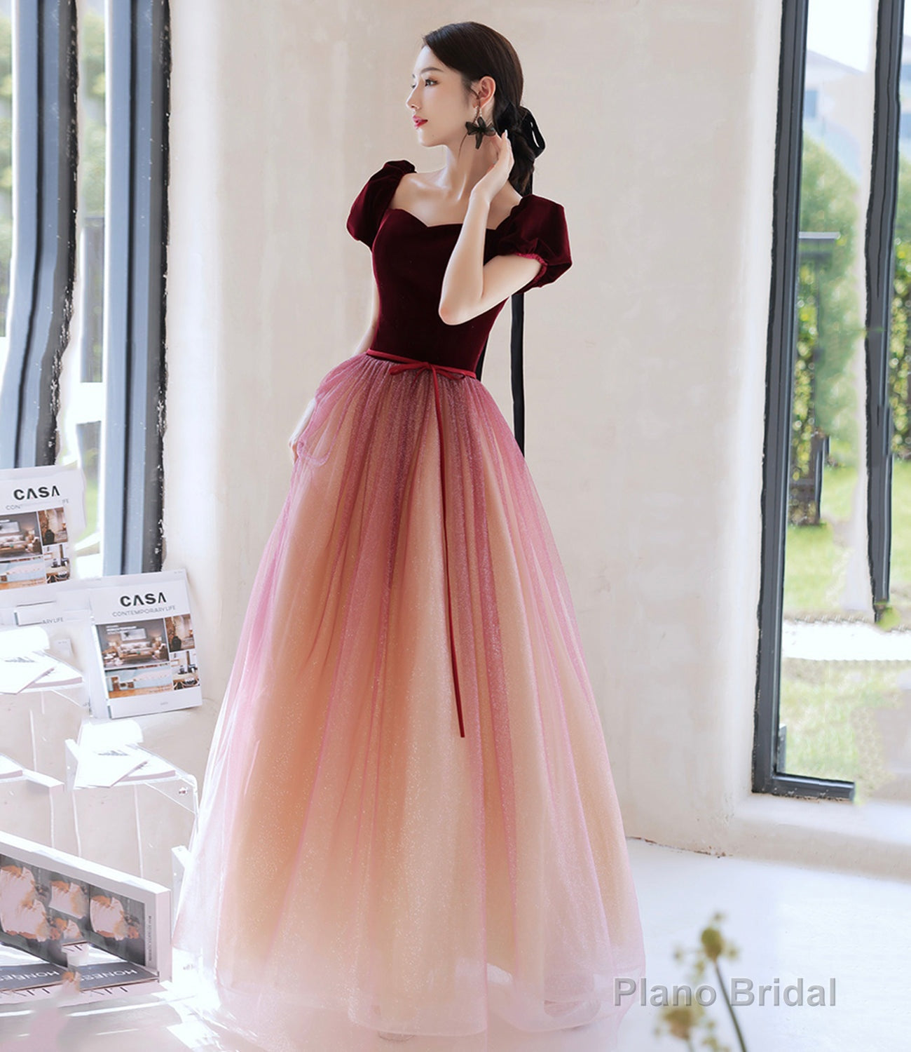 Burgundy velvet tulle long prom dress evening dress Main image