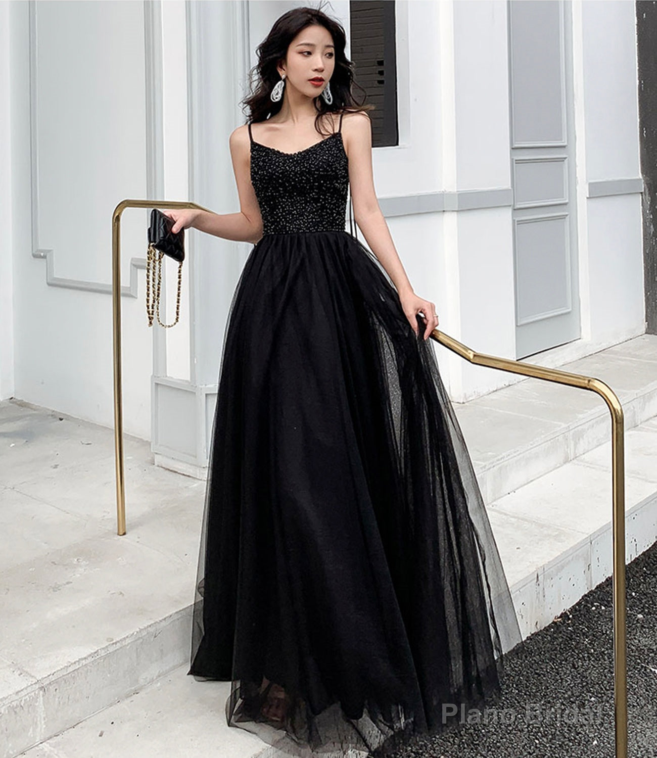 Black tulle beads long prom dress A line evening dress Main image