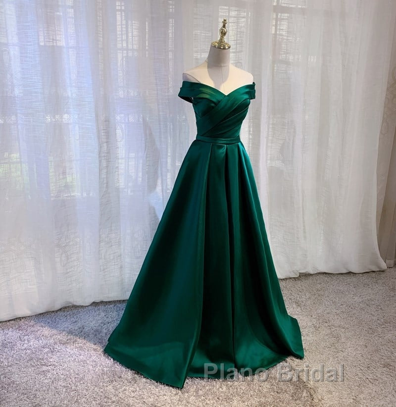 Satin Emerald Green Pleated A-Line Off-shoulder Formal Prom Dresses