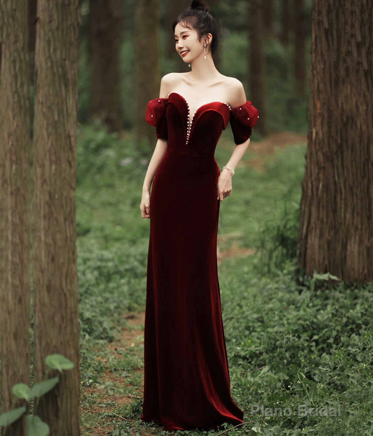 Burgundy Velvet Long Prom Dress with Pearls, Mermaid Off Shoulder Evening Party Dress Main image