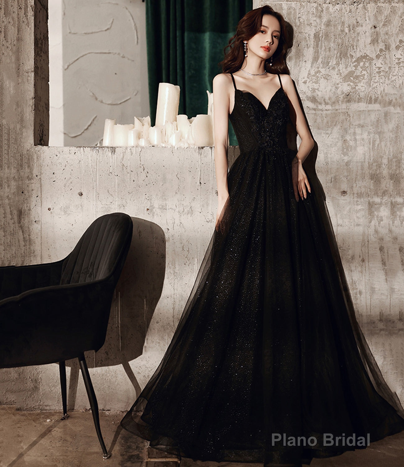 Black tulle long A line prom dress evening dress Main image