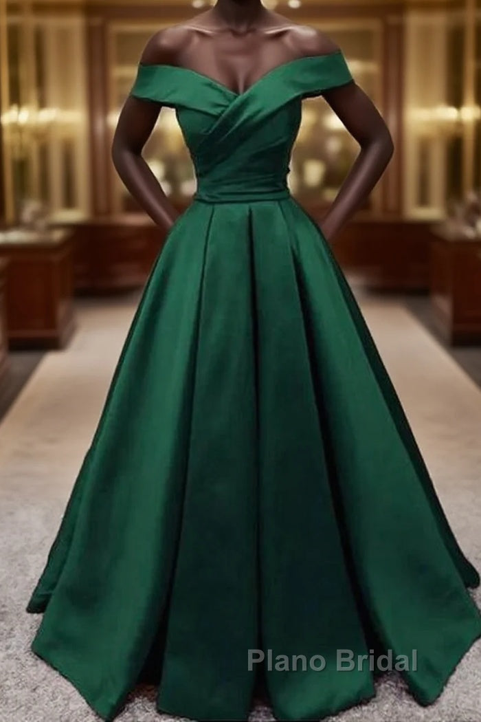 Off Shoulder Emerald Green Long Satin Evening Dresses Main image