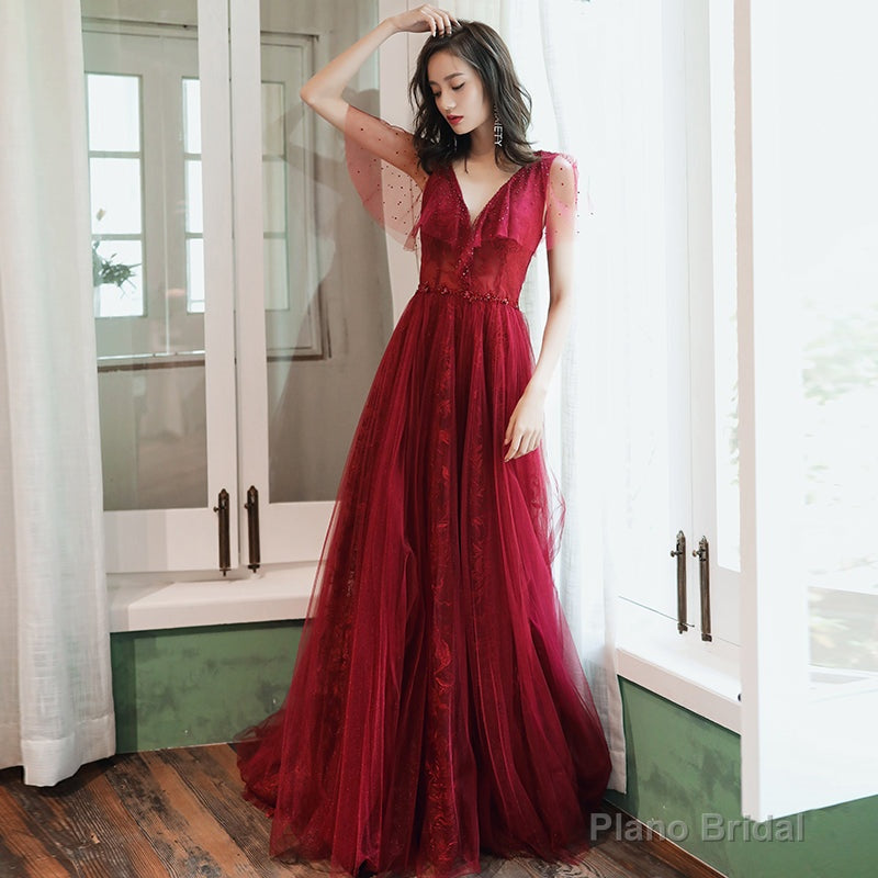 Burgundy tulle long prom dress evening dress Secondary image