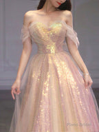 Shiny Tulle Sequins Long Prom Dress, Off the Shoulder Evening Party Dress