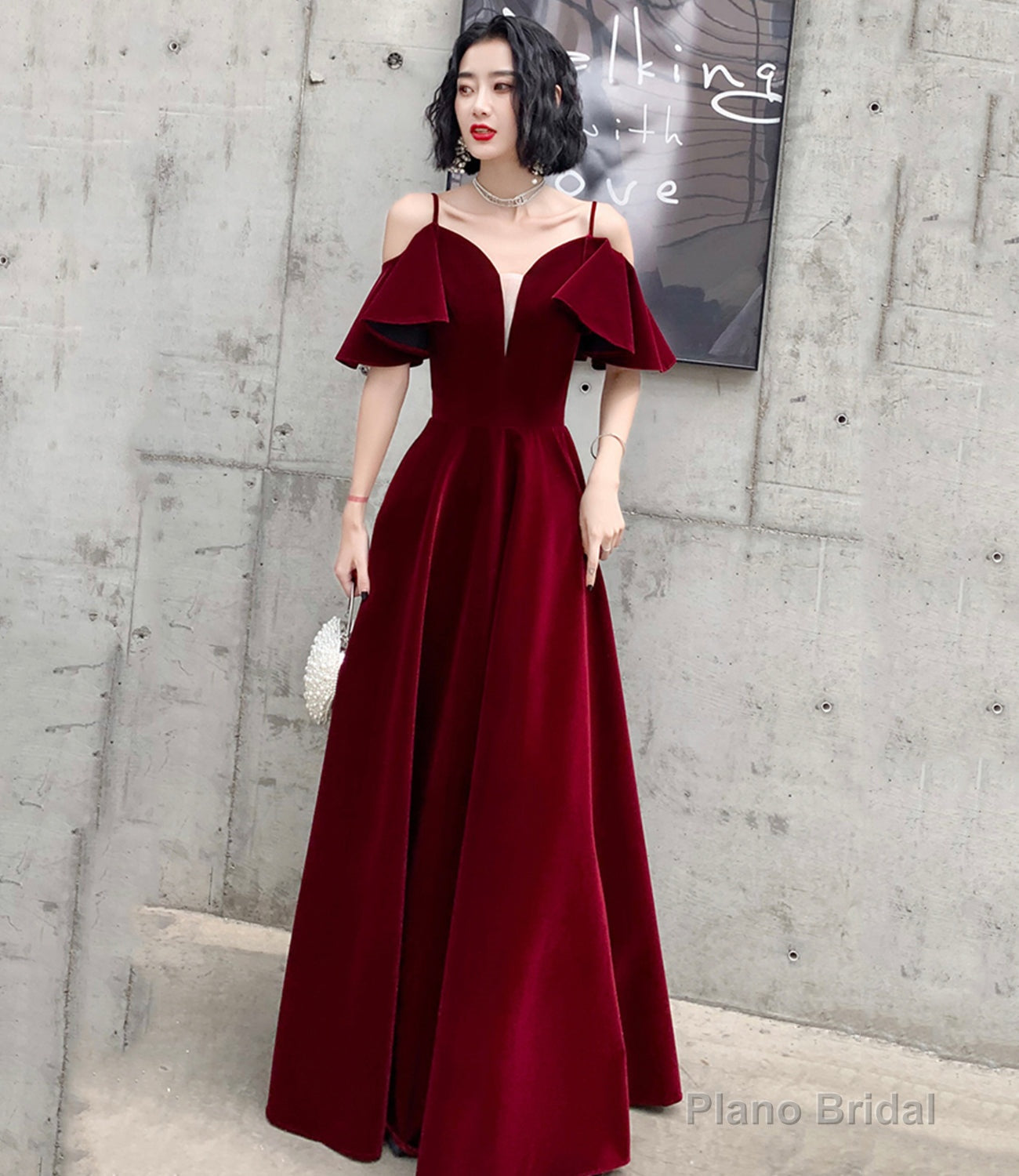 Burgundy velvet long prom dress A line evening dress Secondary image