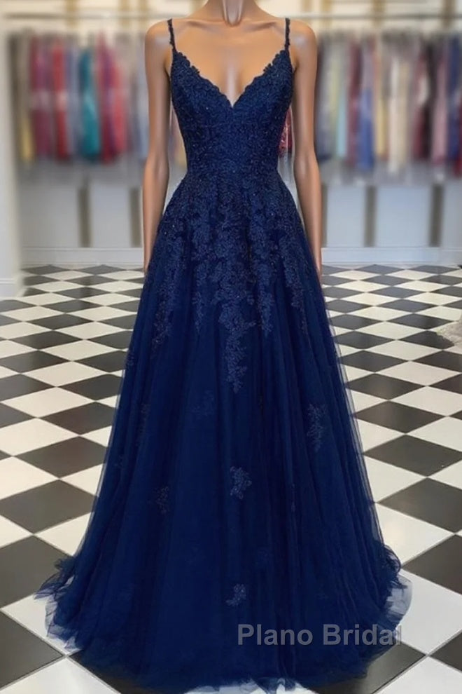 A Line Navy Blue V Neck Lace Formal Prom Dresses Main image