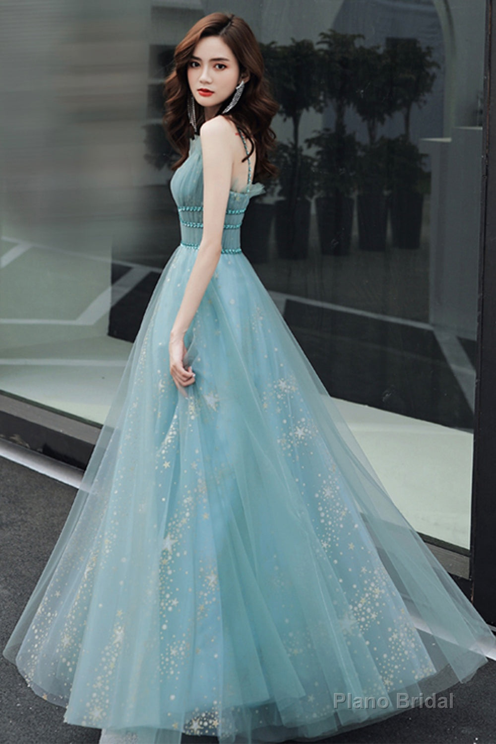 Blue tulle long A line prom dress blue evening dress Secondary image